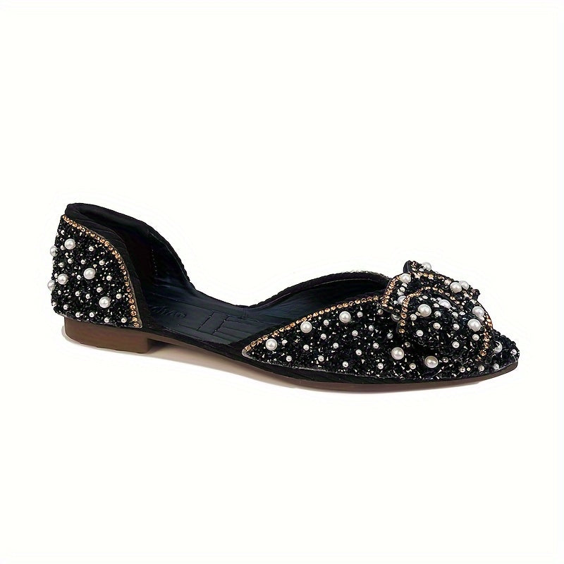 Women's Fabric Ballet Flats with Rhinestone Bow Pointed Toe Slip-On Casual Shoes
