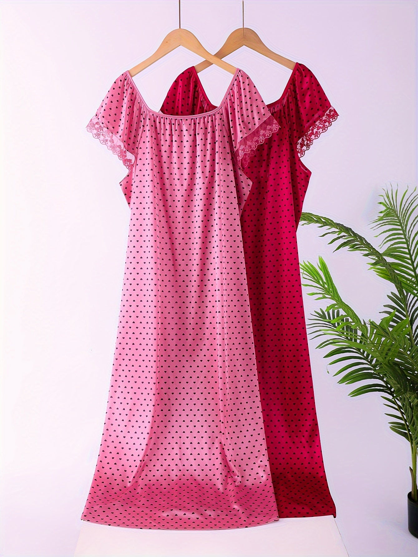 Women's Plus Size Heart Print Lace Sleep Dress Short Sleeve Lounge Wear