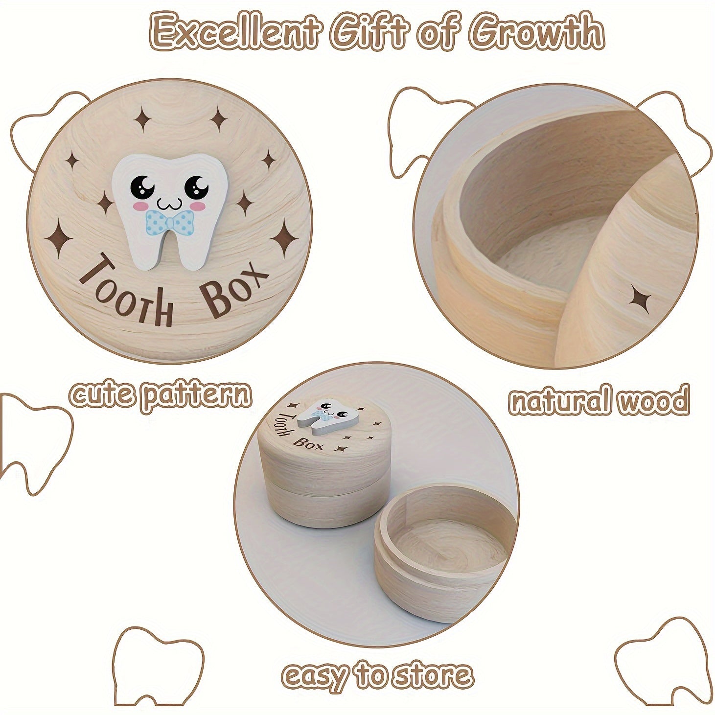Handcarved Wooden Tooth Fairy Box for Kids with 3D Tooth Holder and Keepsake Storage