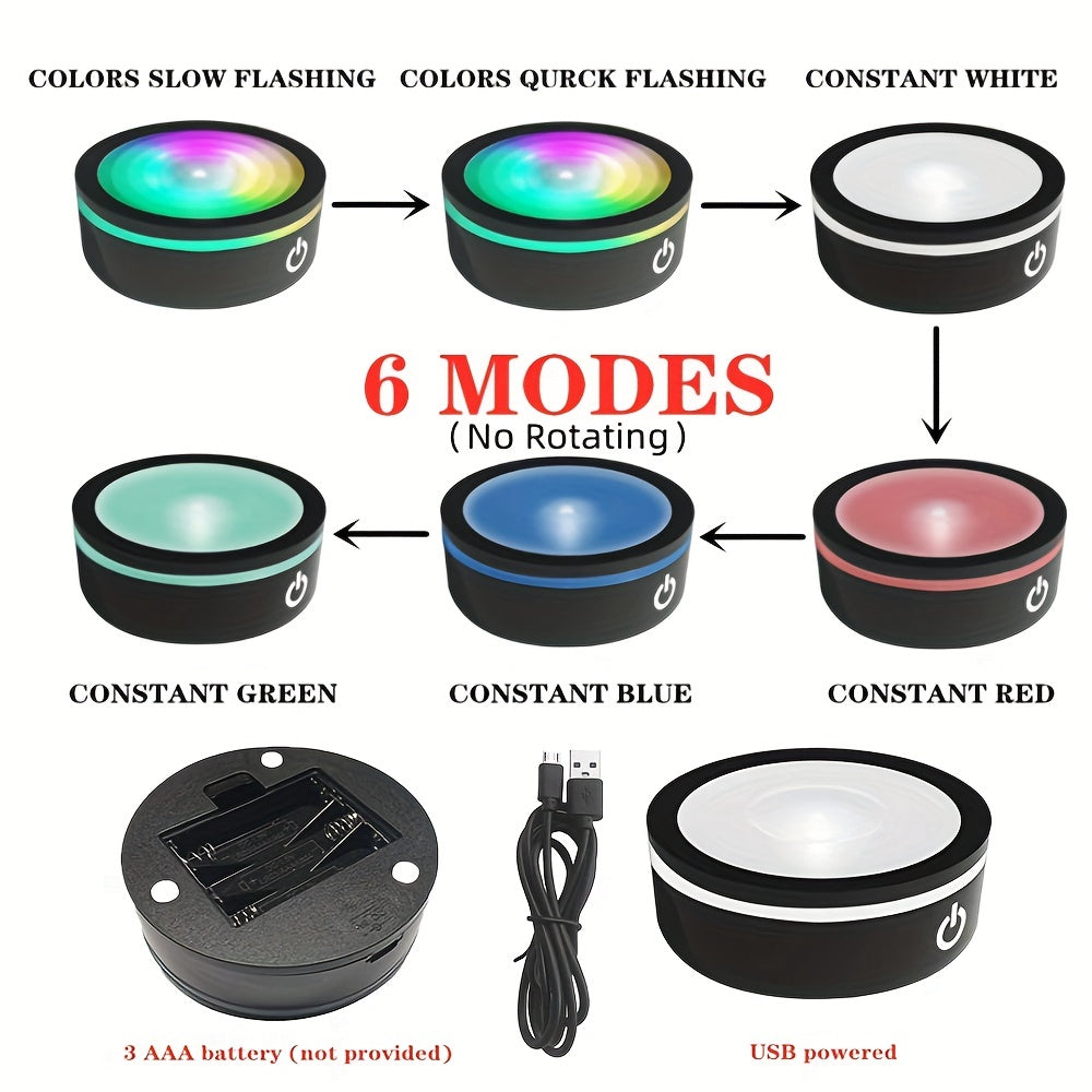 Round Plastic LED Display Stand for 3D Crystal Glass Acrylic Touch-Sensitive Color-Changing USB Rechargeable 7.9x7.9x2.69cm