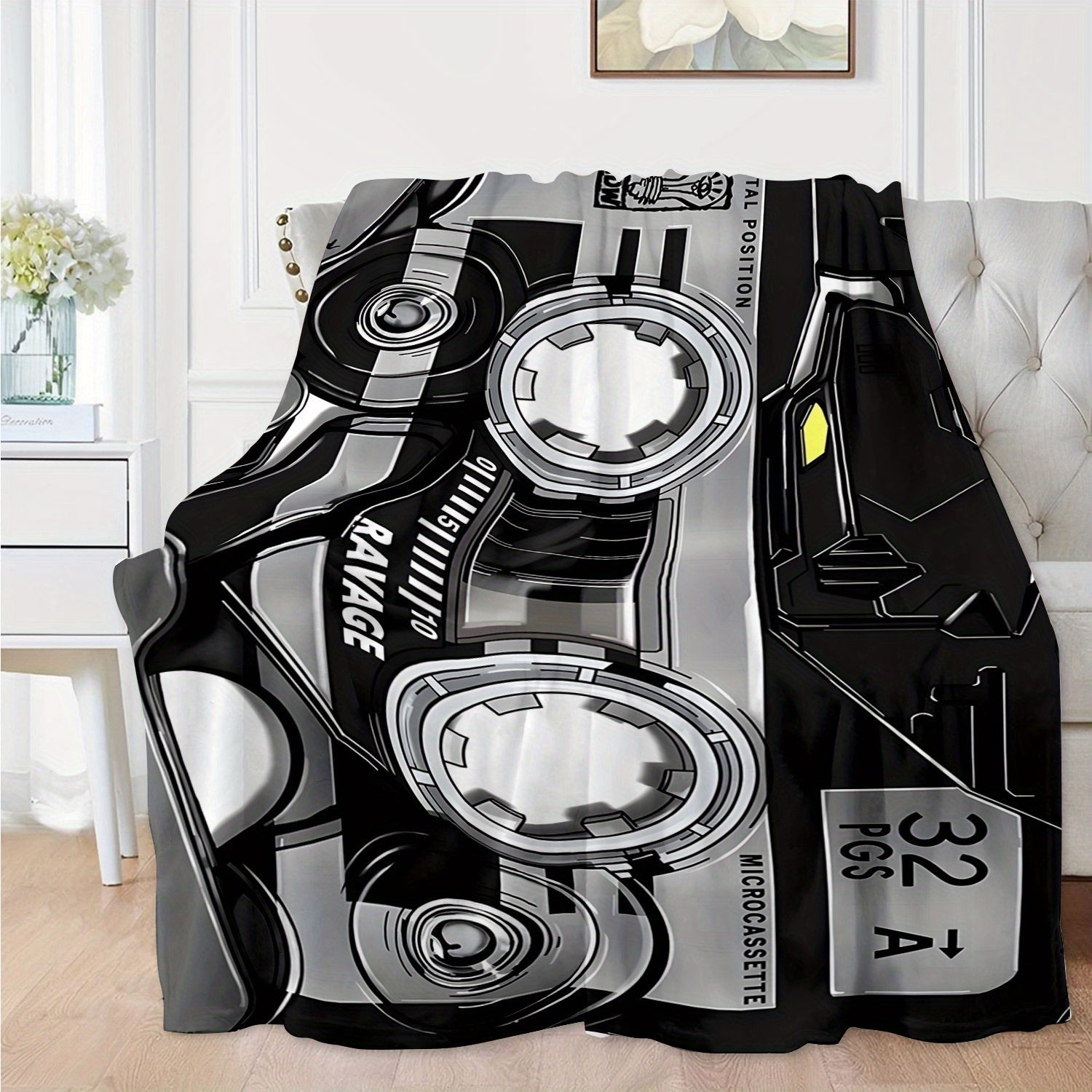 Flannel Fleece Throw Blanket with Retro Music Tape Player Design for Sofa Bed Travel Camping