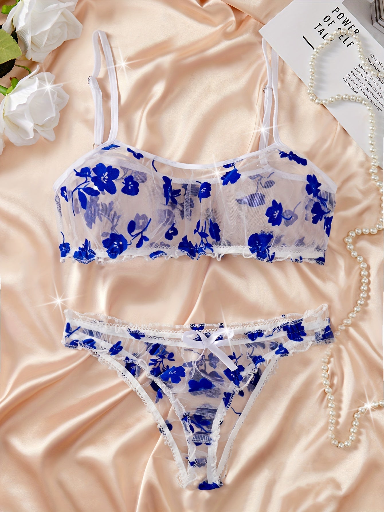 Women's Blue Floral Print Lingerie Set with Bow-Tie Bra and Low-Rise Panties