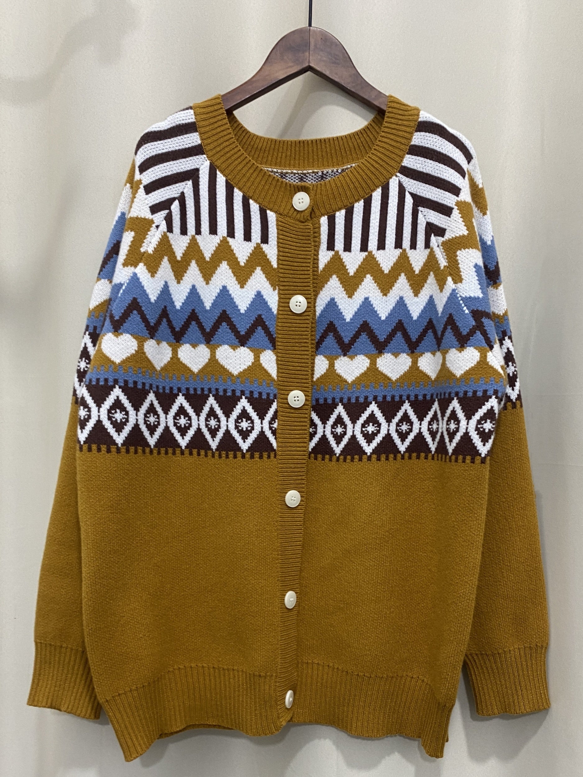 Women's Plus Size Ethnic Geometric Button Front Cardigan Long Sleeve Sweater Fall Winter