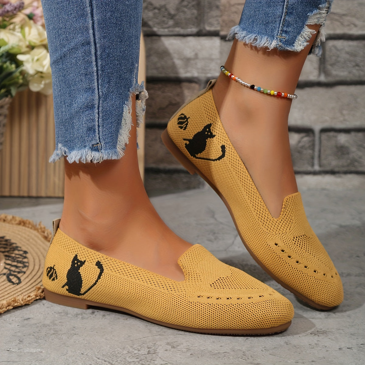 Women's Breathable Fabric Ballet Flats with Heart Pattern Slip-On Shoes