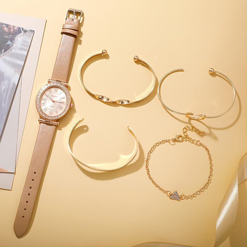 5 ta ayollar uchun quarts soatlari to'plami, rhinestone aksentlari va charm kamarlar bilan