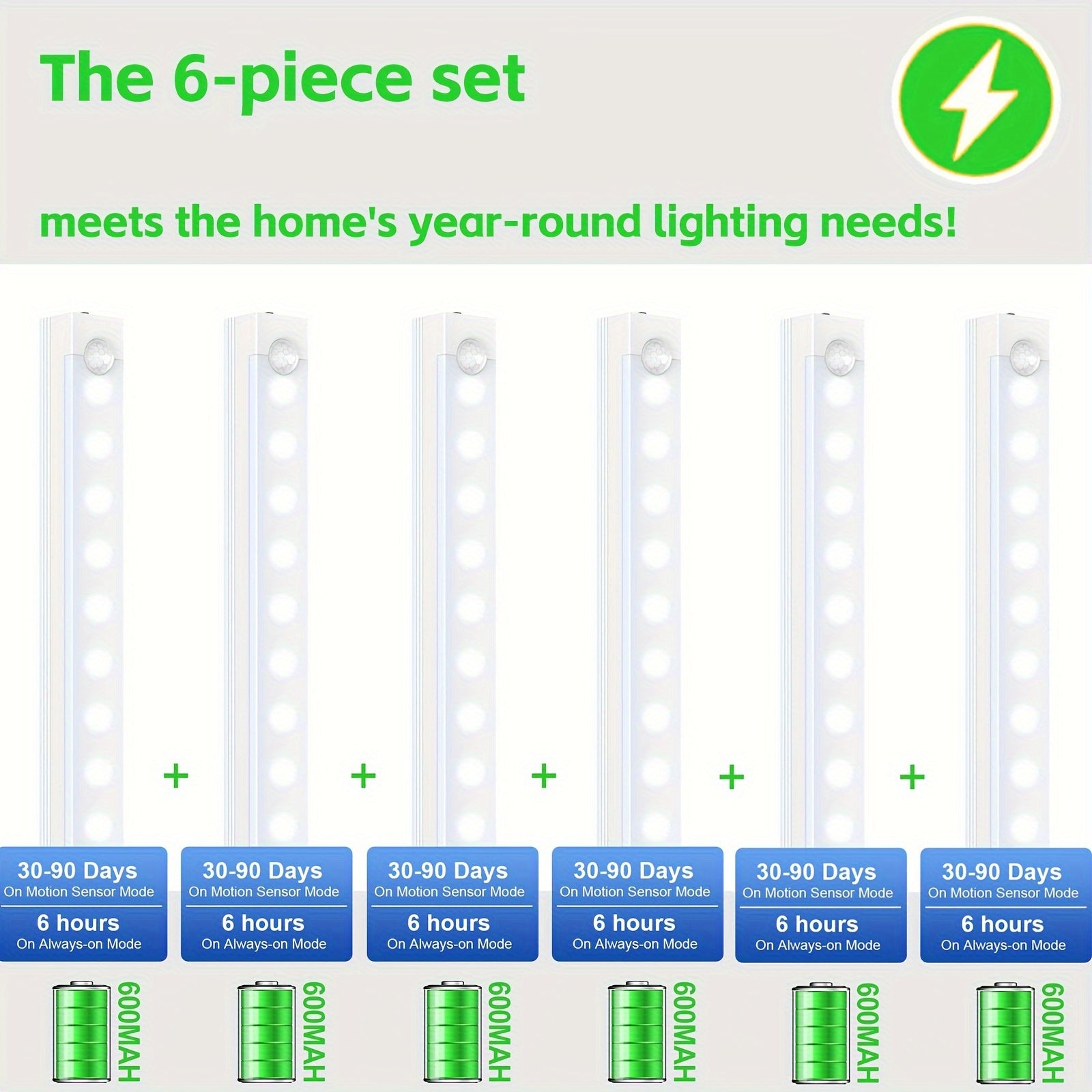 6 dona qayta tiklanadigan shkaf osti chiroqlari, harakat sensorli, sozlanadigan yorqinlik, plastmassa