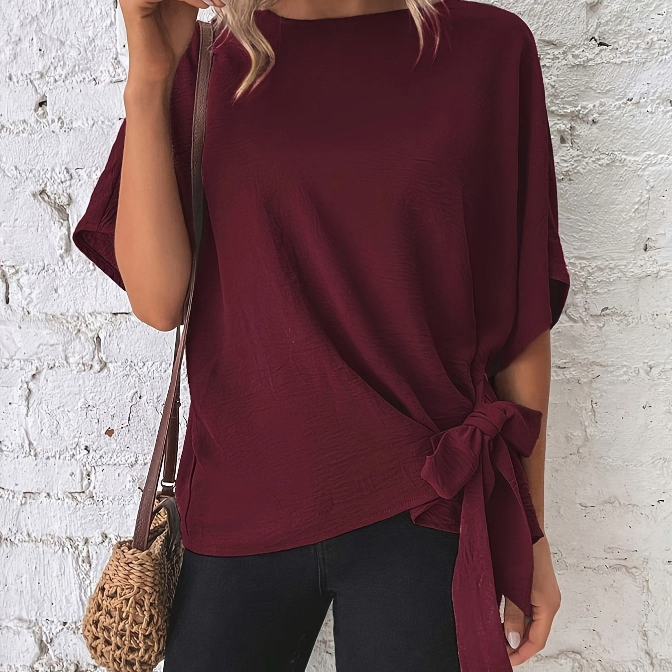 Plus Size Women's Batwing Sleeve Blouse Asymmetrical Knot Casual Shirt
