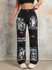 High Waist Denim Pants with Cartoon Pattern Ripped Straight Leg for Casual Wear