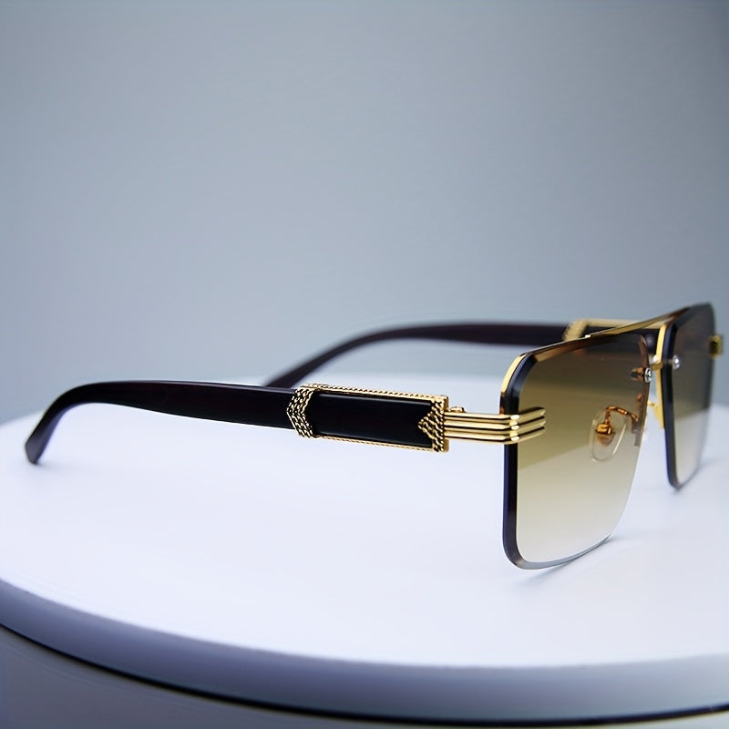 Men's Retro Fashion Glasses with Diamond Cut Edges Rectangular Rimless Marble Wood Accents