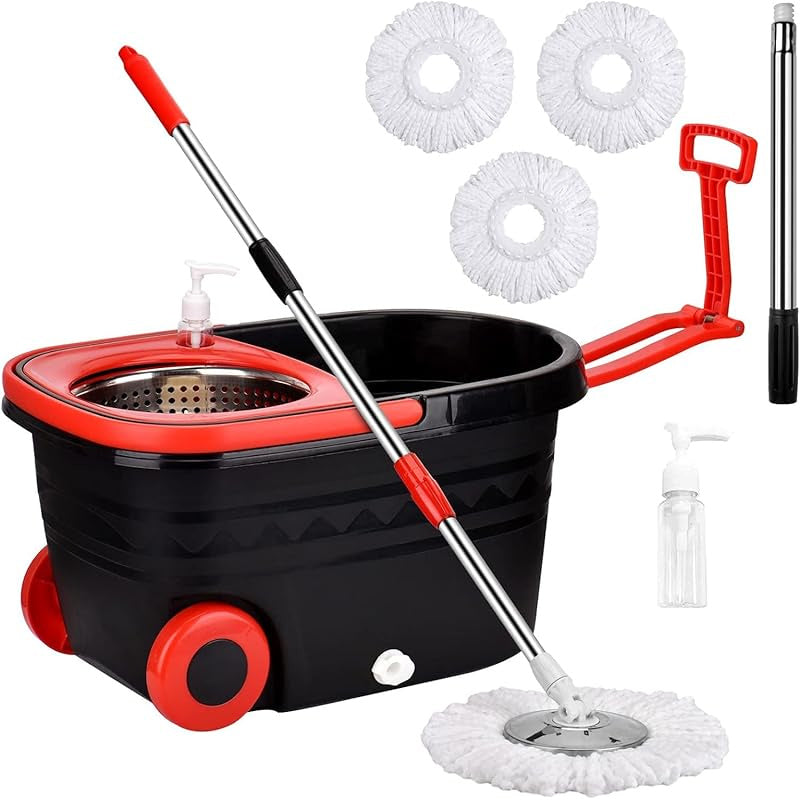 360° Rotating Mop and Bucket Set with Microfiber Heads and Adjustable Handle