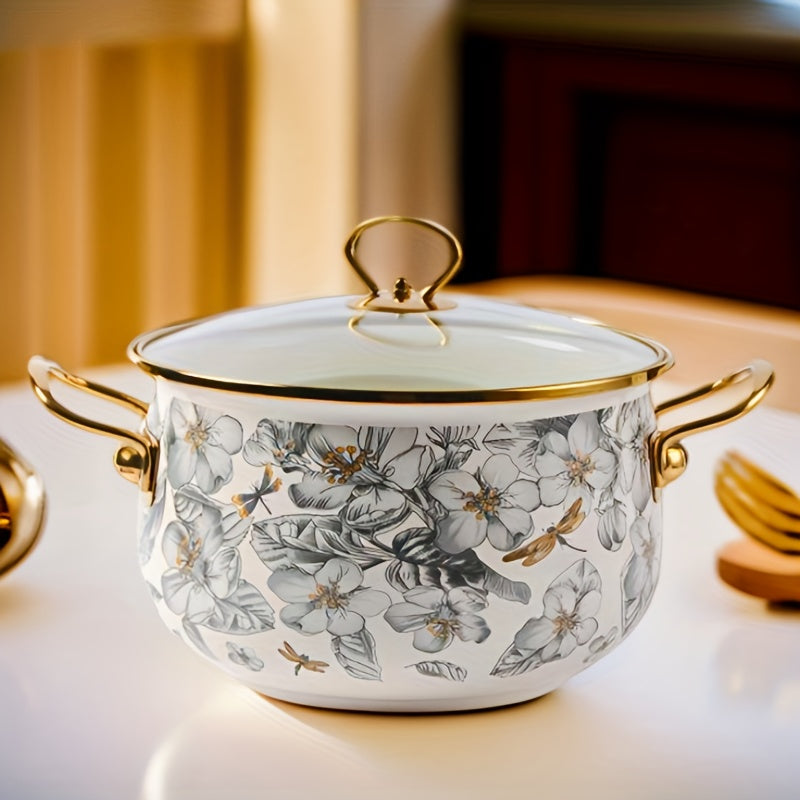 Enamel Soup Pot with Golden Trim, Dragonfly and Floral Design, 3 Quart