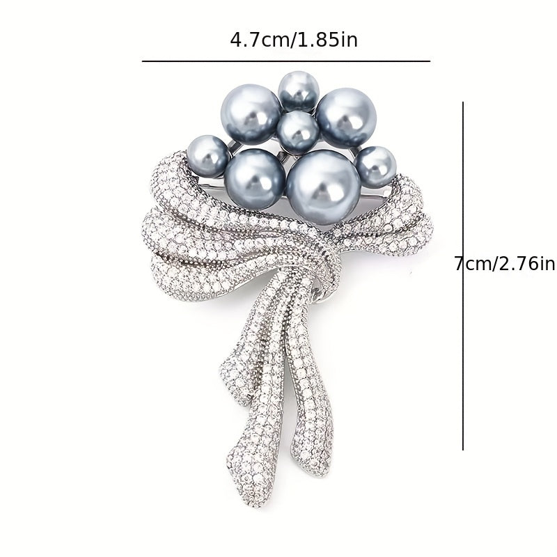 Elegant Rhinestone Faux Pearl Bouquet Brooch Pin with Crystal Flower and Bow