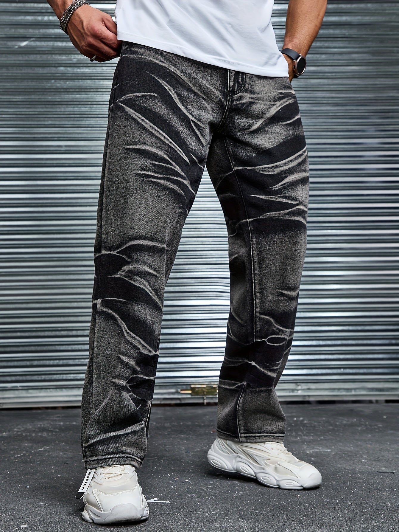 Men's Plus Size Tie Dye Denim Pants with Pockets Casual Cotton Blend Straight Leg