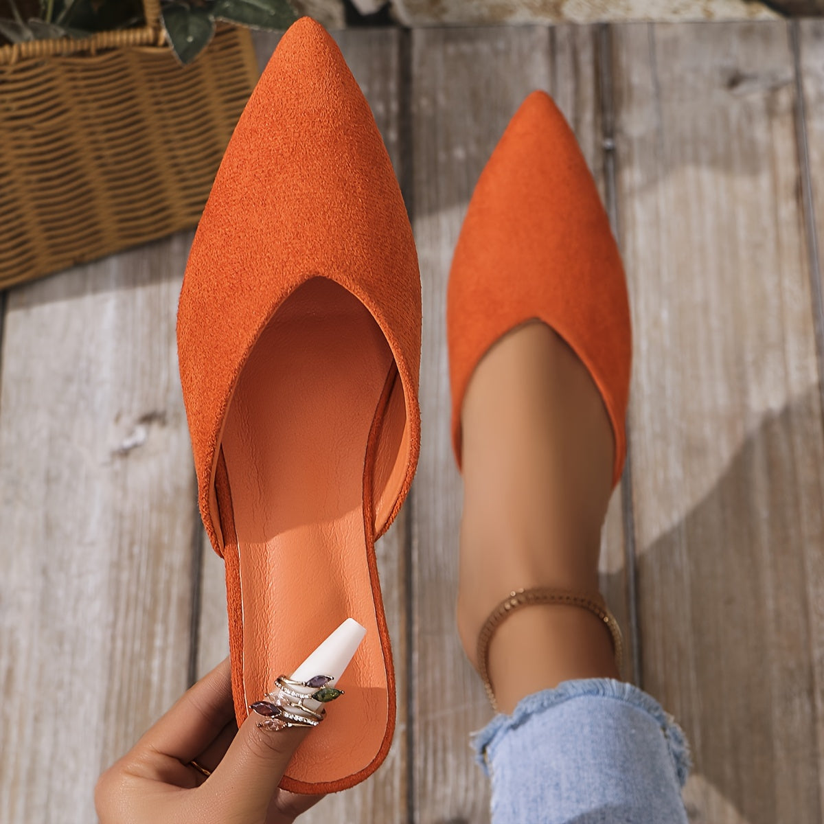 Women's Flat Mules Orange Pointed Toe Slip-On Plus Size Fabric Casual