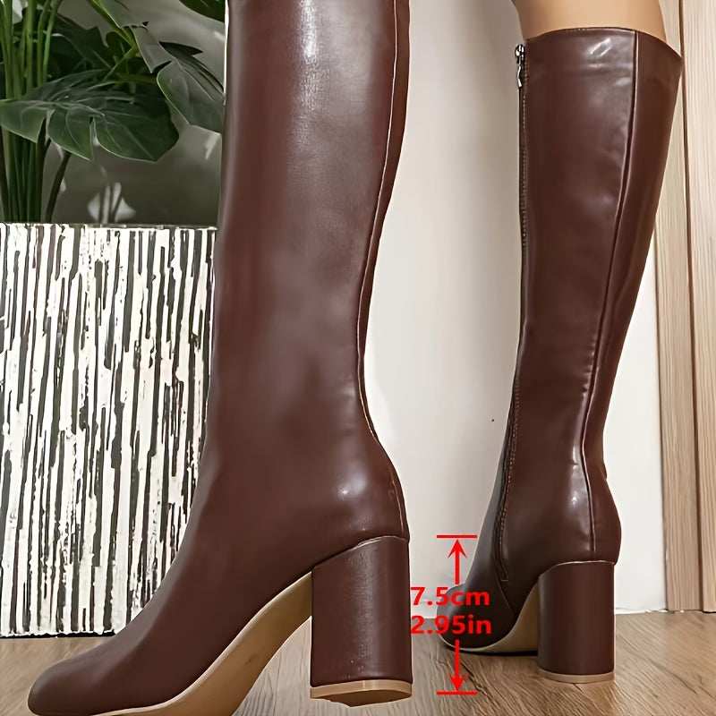 Women’s Faux Leather Long Boots with Heels, Side Zippers, Warm Mid-Calf Footwear