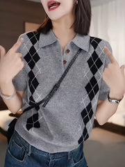 Women's Plus Size Argyle Sweater Collared Short Sleeve Casual Top