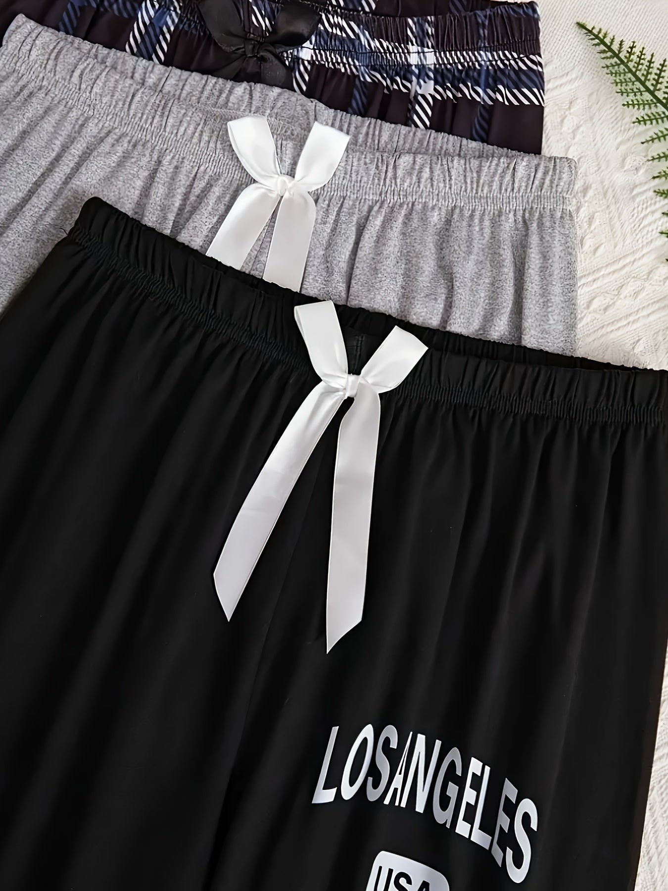 Plus Size Lounge Pants Women Letter and Plaid Print with Bow Elastic Waistband Set of 3