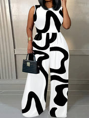 Plus Size Women's Geometric Print Sleeveless Jumpsuit Lightweight Stretchy Semi-Sheer Casual Long Pants