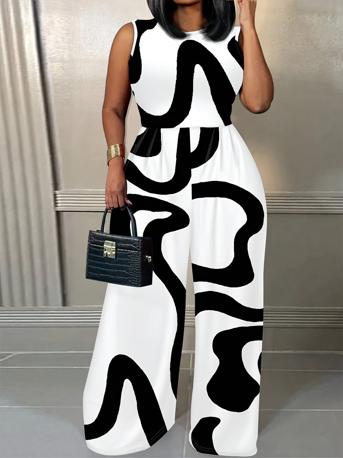 Plus Size Women's Geometric Print Sleeveless Jumpsuit Lightweight Stretchy Semi-Sheer Casual Long Pants