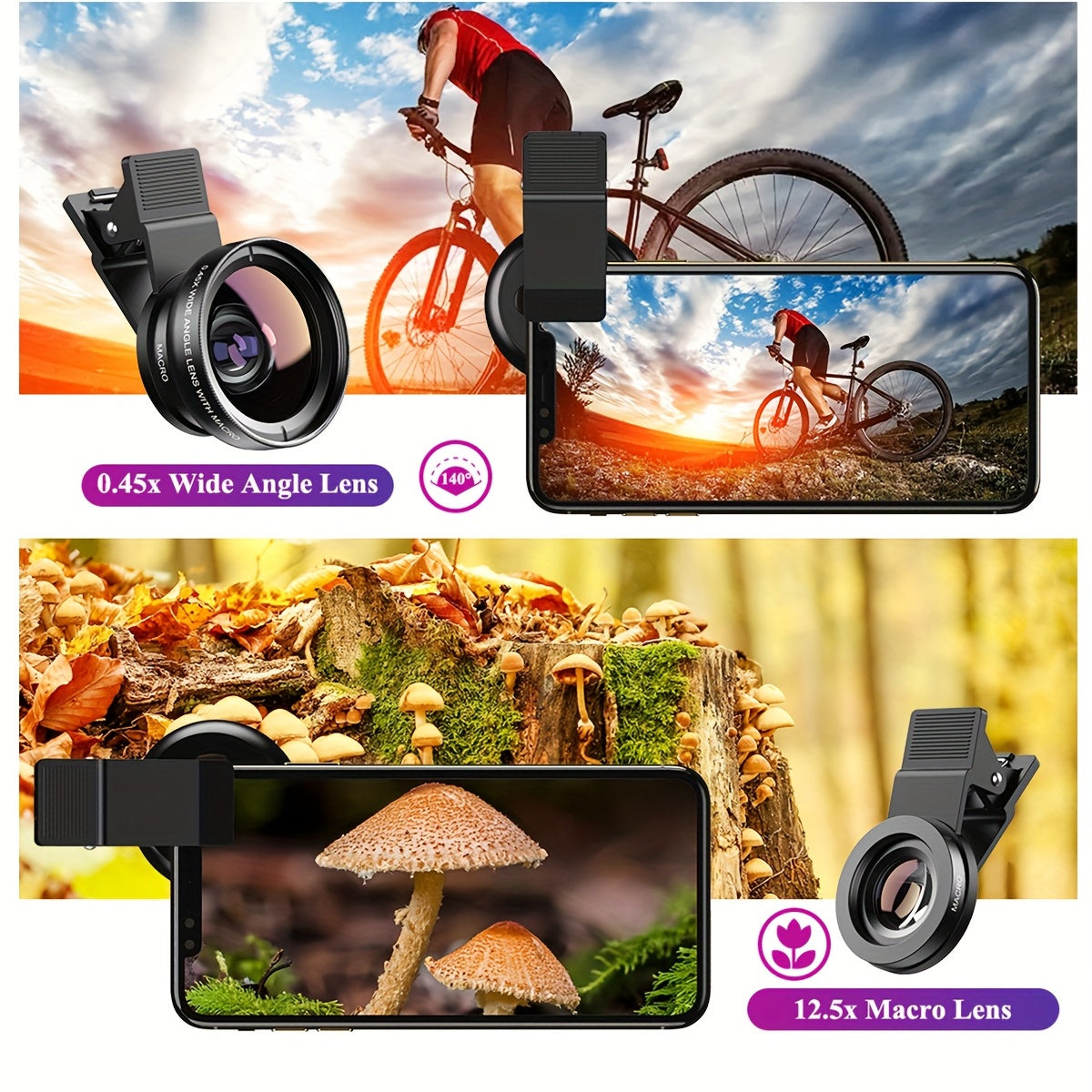 Smartphone Wide Angle and Macro Lens Kit Aluminum Alloy 0.45x HD 12.5x Macro