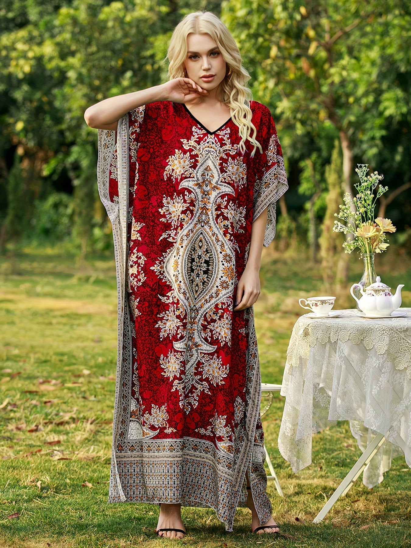 Plus o'lchamli maxi kiyinadigan bohemiya gullari bosma yozgi plyaj ta'tili uchun erkin fit