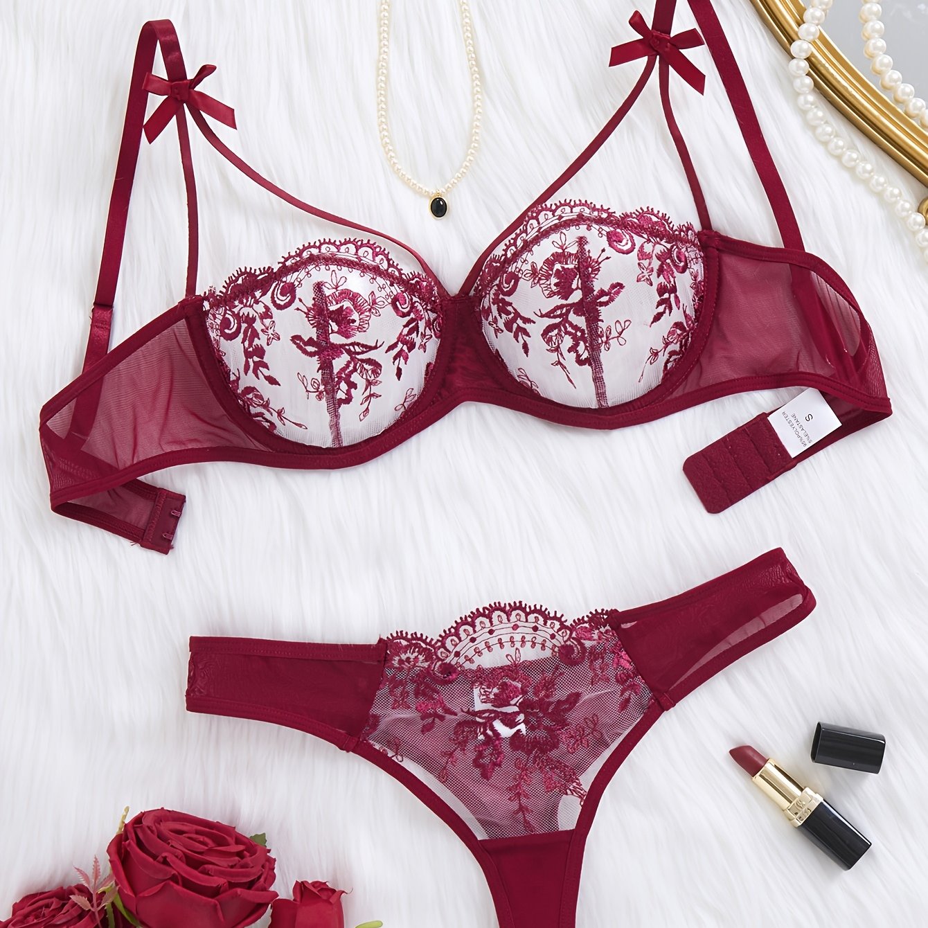 Women's Floral Embroidered Two-Piece Lingerie Set with Semi-Transparent Fabric
