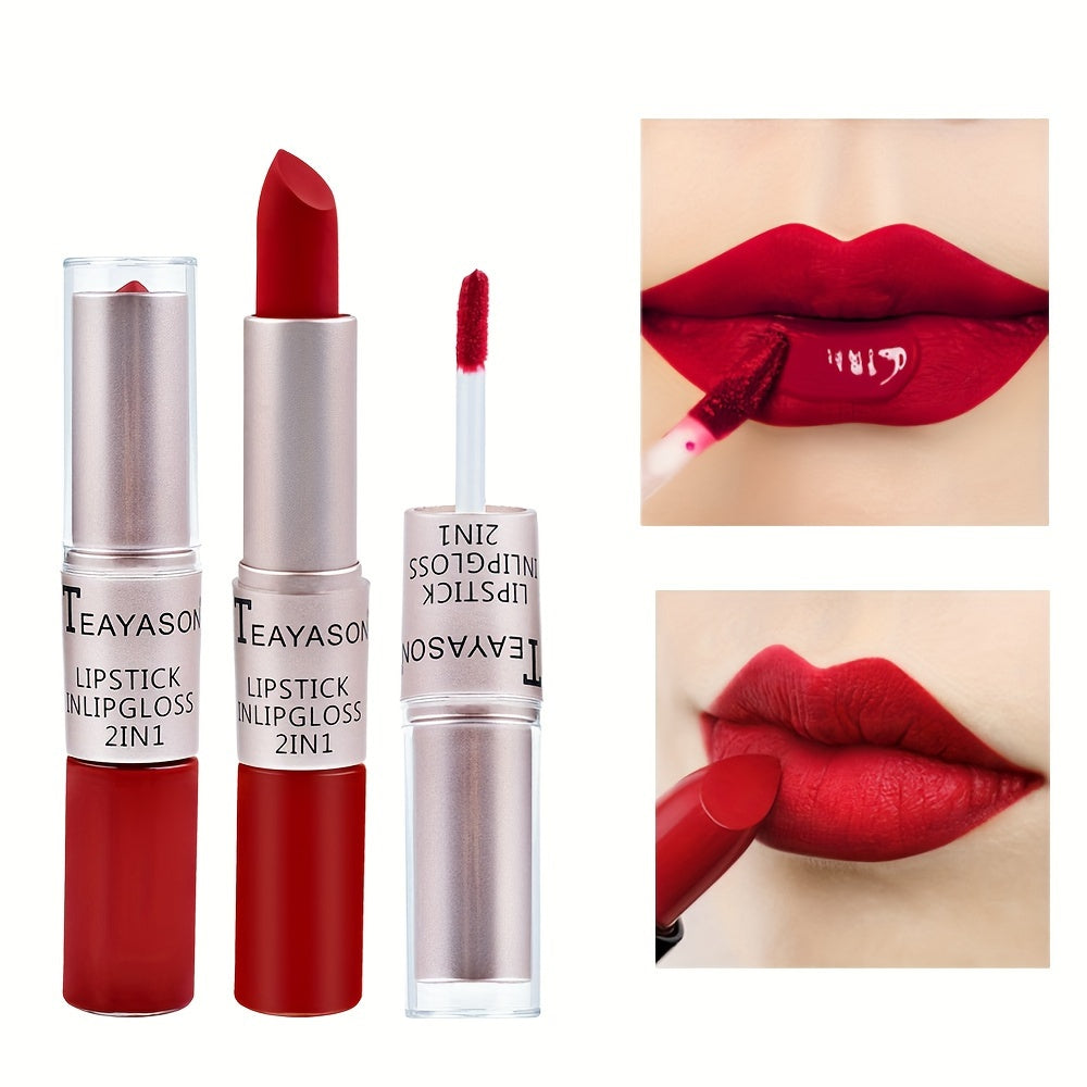 Women’s Dual-Ended Matte Lipstick and Lip Gloss Set Red Nude
