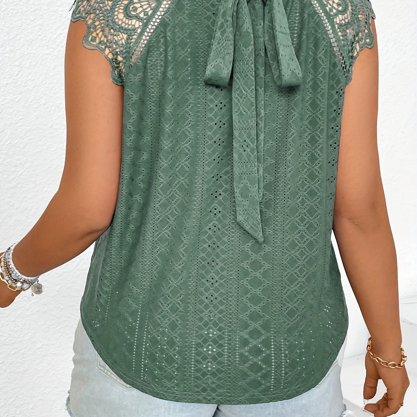 Women's Lace Sleeveless Top with Back Bow Light Green Short Sleeve Casual