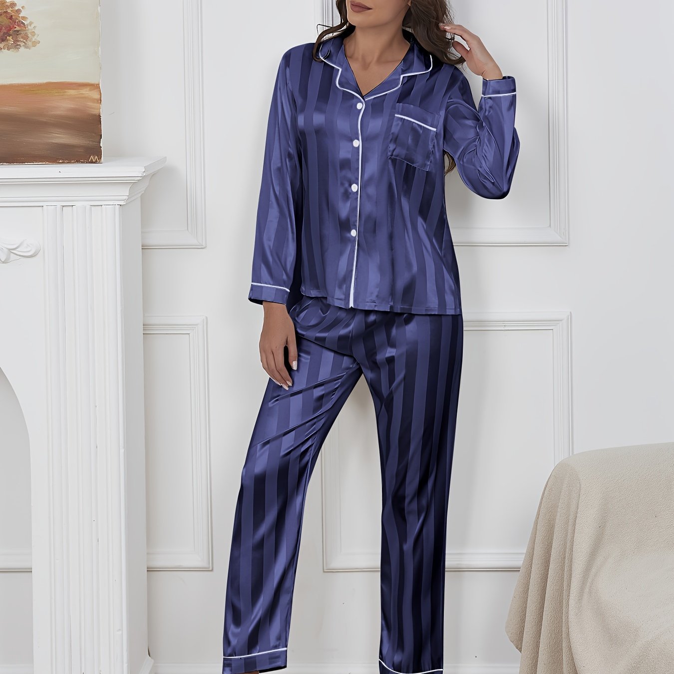 Conjunto de pijama de satén para mujer con blusa de manga larga con botones y pantalones elásticos con rayas jacquard