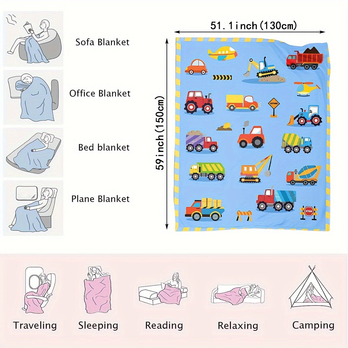 Baby Boys and Girls Lightweight Flannel Velvet Blue Truck Car Blanket 40x50 Inches