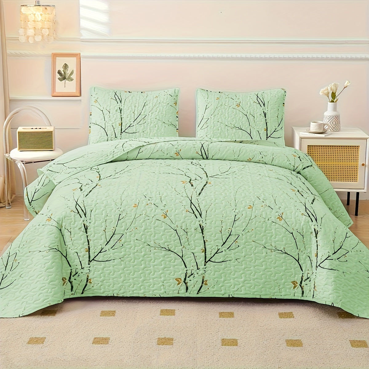 Elegant Plum Blossom Bedding Set 3 Pieces Quilt and Pillowcases Breathable Soft for All Seasons