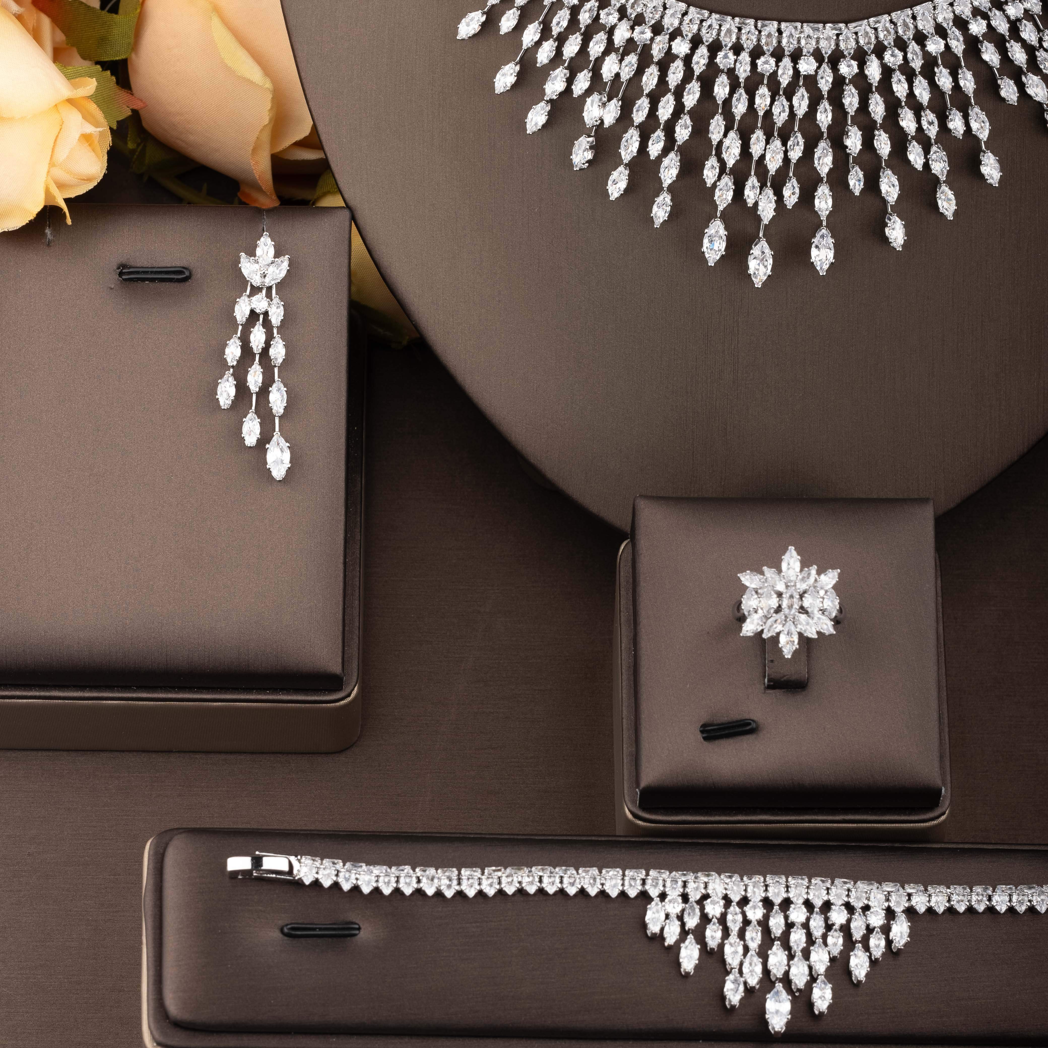 18K Gold-Plated Jewelry Set with Cubic Zirconia Necklace Earrings Bracelet Ring for Weddings