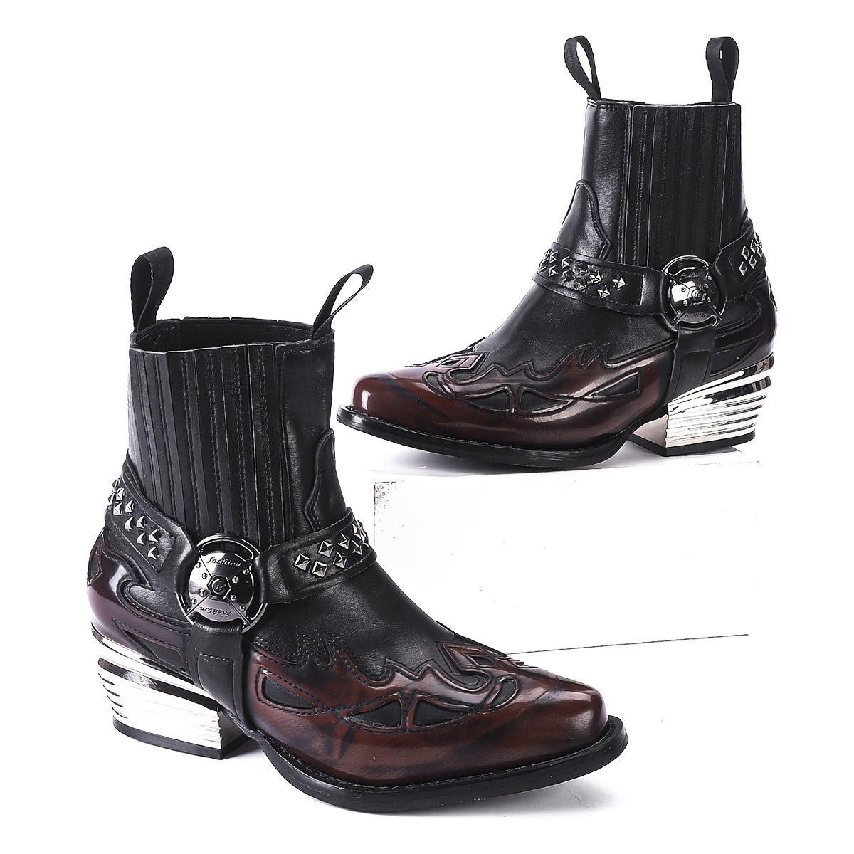 Women's Western Cowboy Boots Leather Slip-On Pointed Toe Chunky Heel