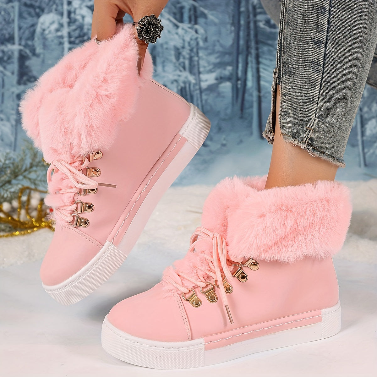 Women's Plush-Lined Winter Sneakers with Tiger Buckle in Black Pink