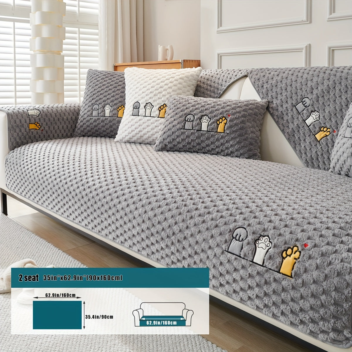 Funda de sofá de terciopelo con bordado de perro de dibujos animados, antideslizante, de felpa gruesa, protector de muebles