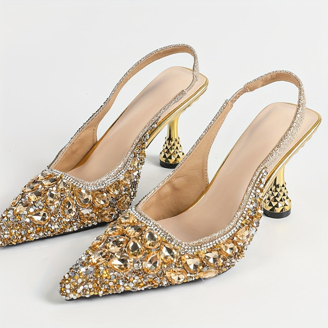 Women's High Heels with Rhinestones and Gold Accents for Weddings and Parties