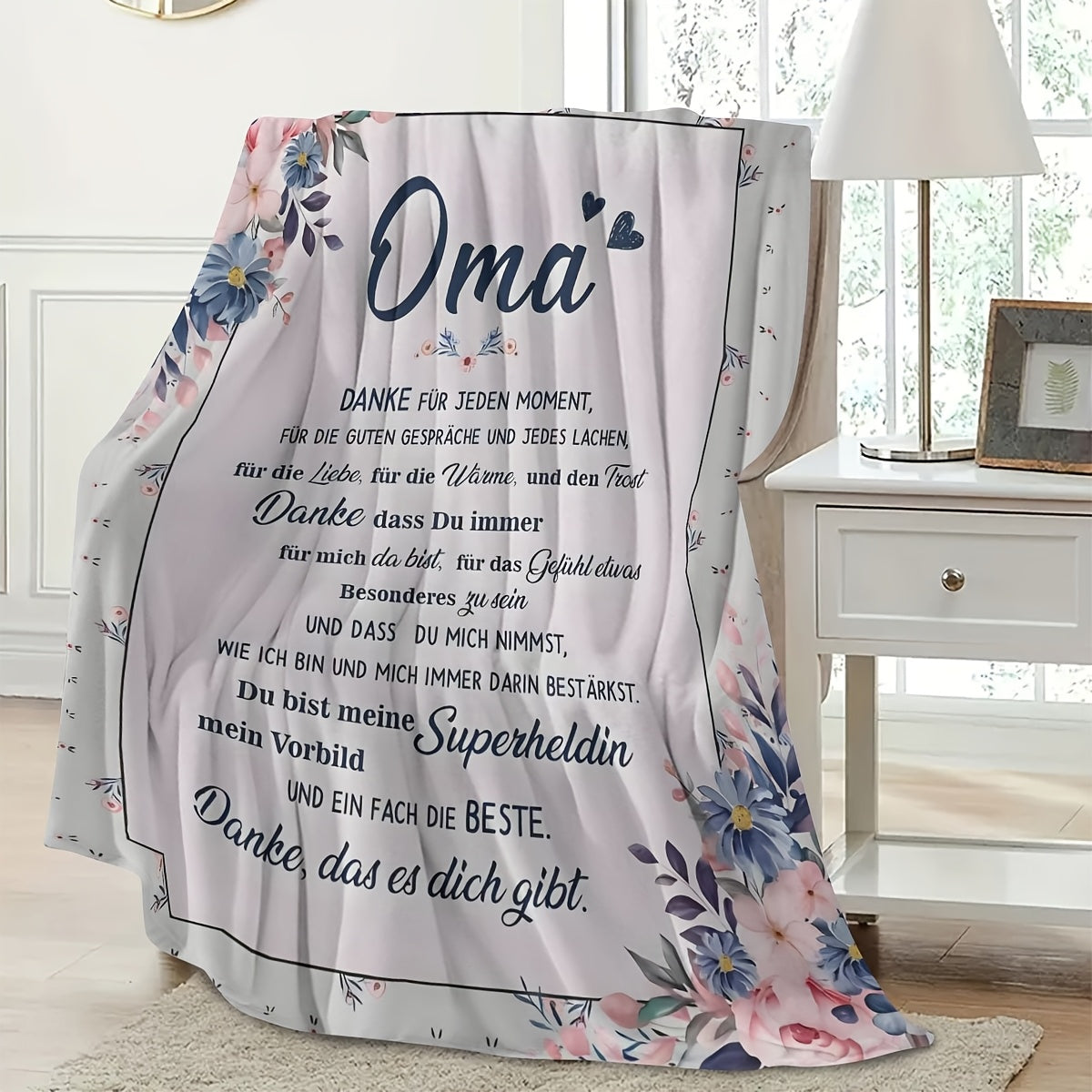 Personalized Oma Floral Blanket for Grandmother Knit Polyester All-Season Stain-Resistant Gift