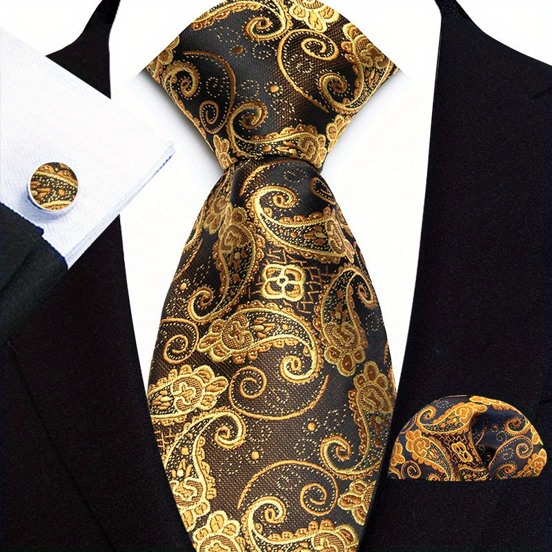 Men's Suit Set with Tie, Pocket Square and Cufflinks in Stripe and Paisley Design
