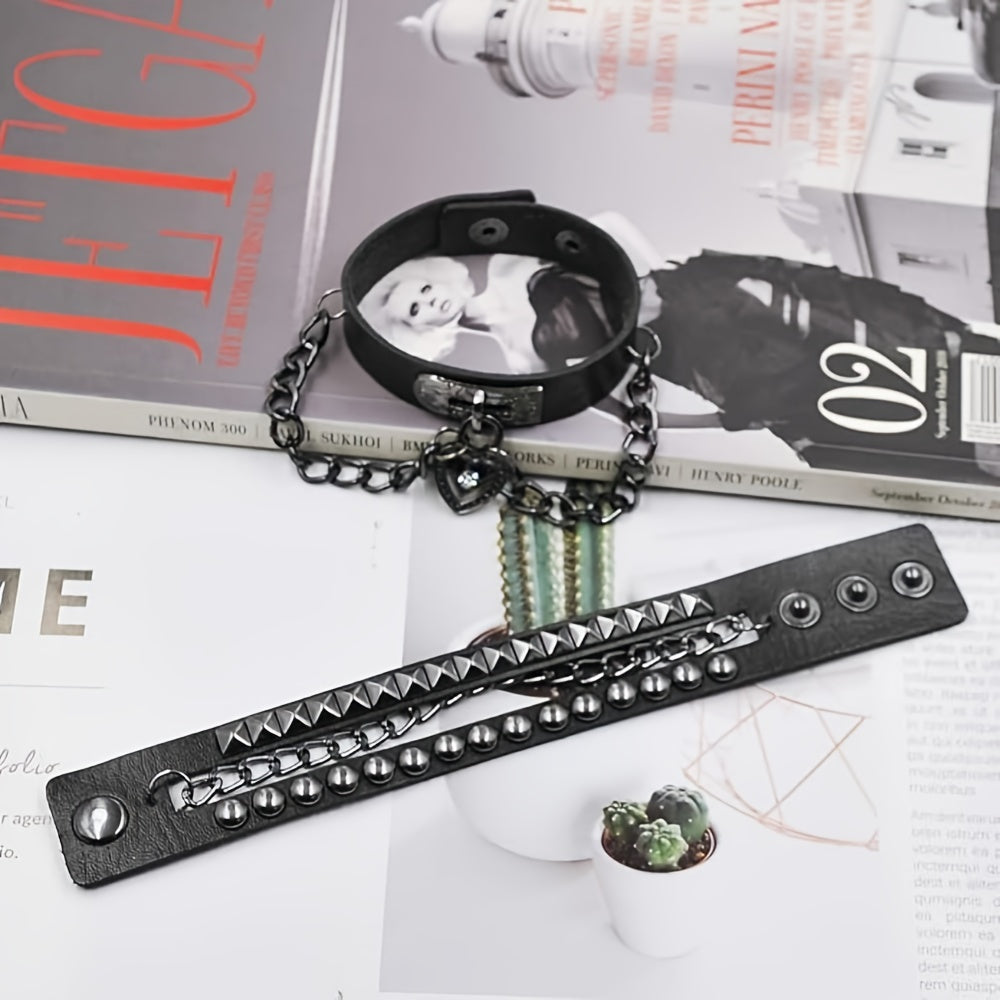 PU Leather Chain Bracelet with Heart Punk Goth Wristband for Men Women
