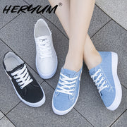 Women's Canvas Lace-Up Sneakers Spring Casual Flat Shoes Black White Blue Denim