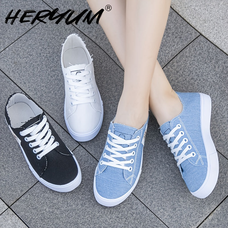 Women's Canvas Lace-Up Sneakers Spring Casual Flat Shoes Black White Blue Denim