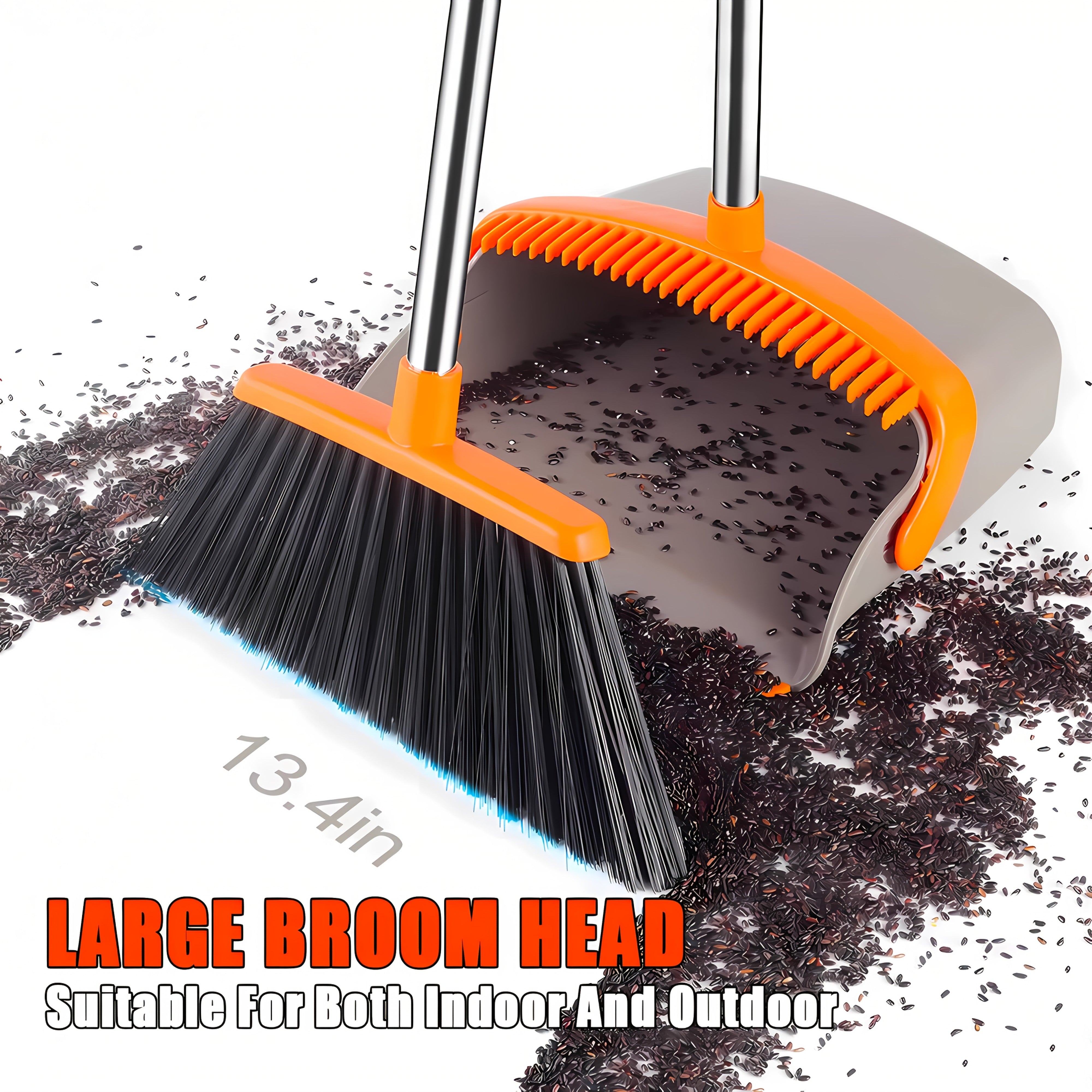 139.7 sm o'lchamdagi uzun tutqichli supurgi va axlat to'plagich to'plami, uy va ofisda foydalanish uchun mustahkam o'z-o'zini tozalovchi supurish asboblari bilan. Ichki va tashqi foydalanish uchun mos, kulrang va to'q sariq ranglarida turish dizayni.