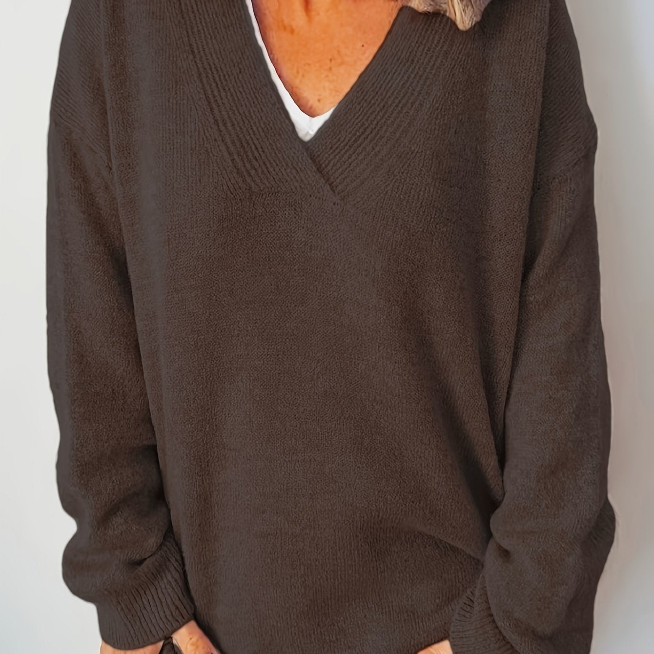 Plus Size Women's Navy Blue V-Neck Sweater Cozy Fall Winter Pullover