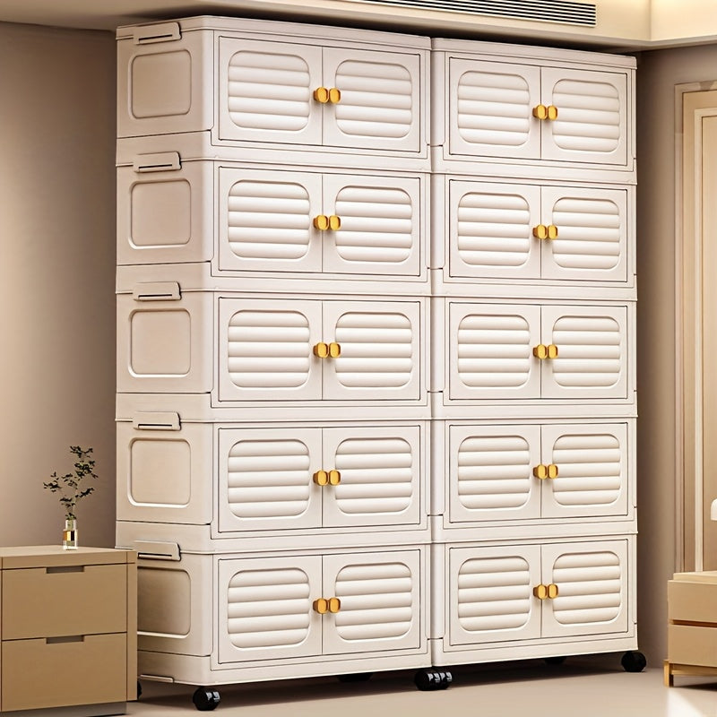 Foldable Waterproof Plastic Storage Cabinet with 3 Tiers White and Gold for Bedroom and Home Organization