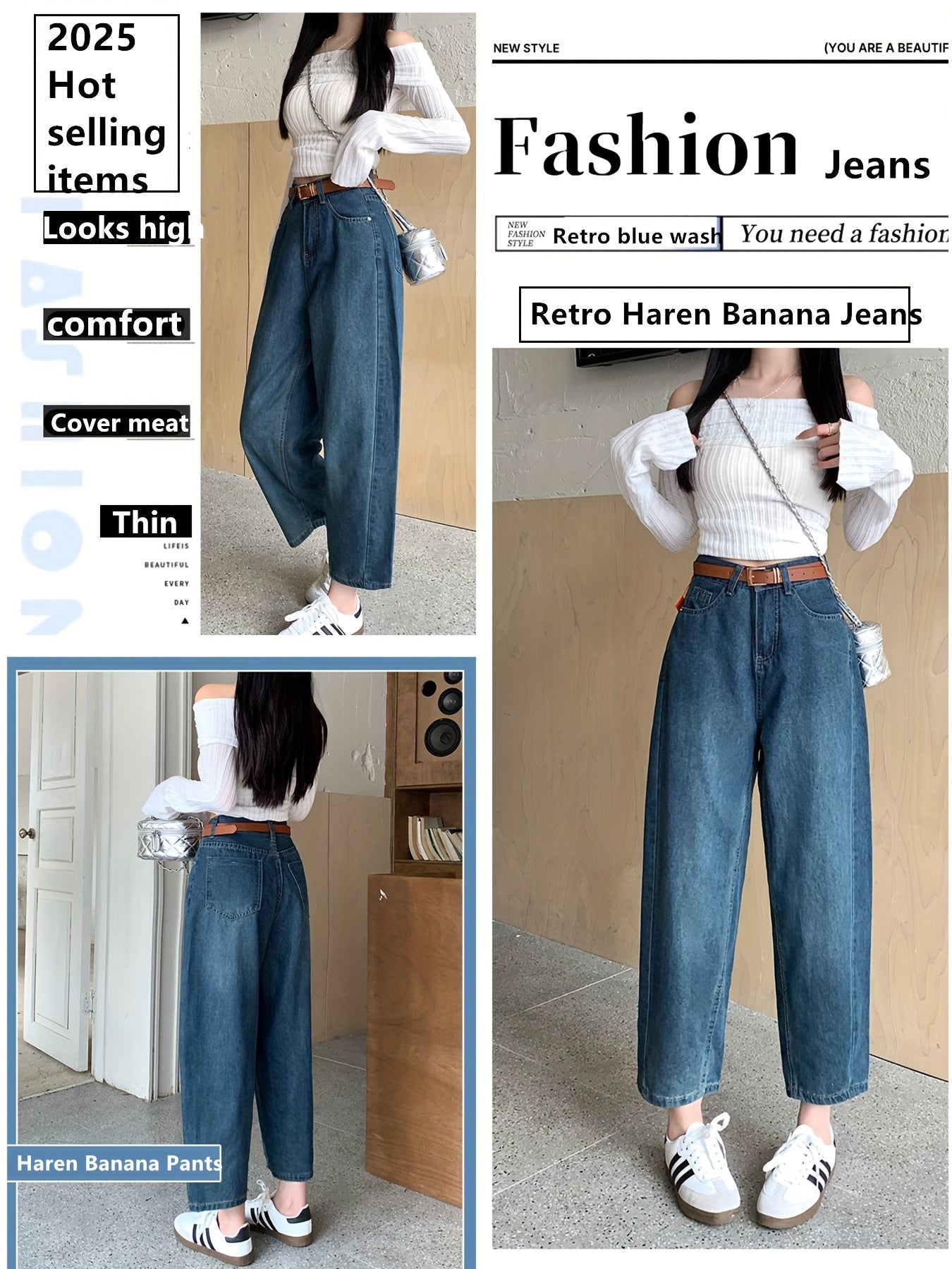 Women's Denim Jeans Casual Slimming Loose Fit Cropped Mid-Rise Pockets