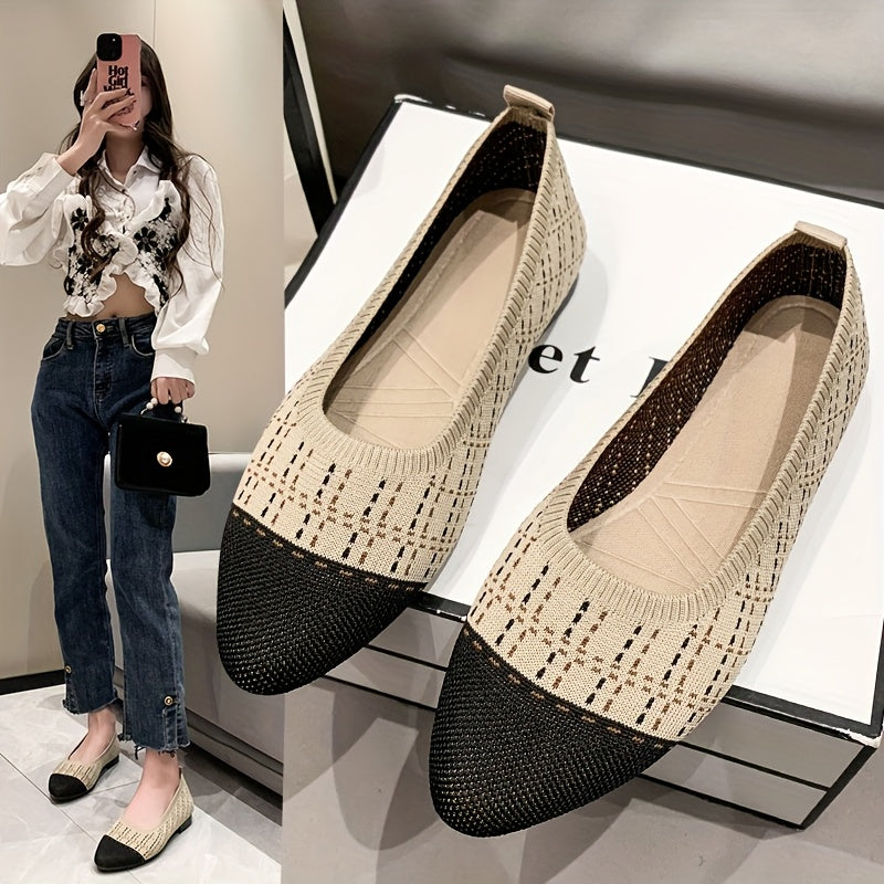 Women's Knit Slip-On Flats with Pointed Toe Black Beige Summer Shoes