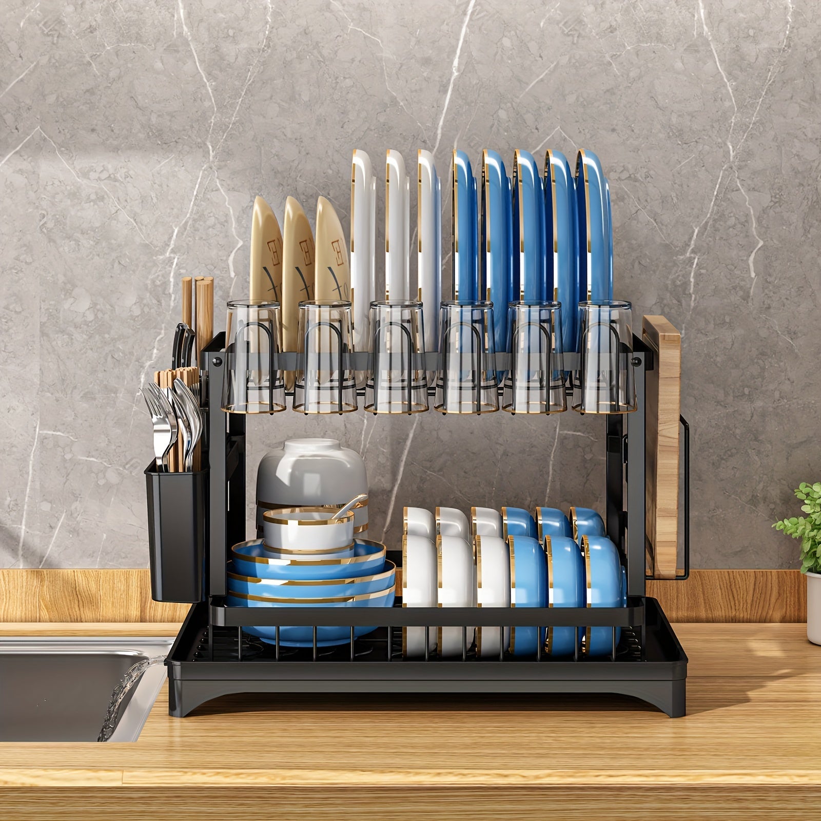 Estante para secar platos de acero inoxidable de 2 niveles con bandeja de drenaje y soporte para utensilios