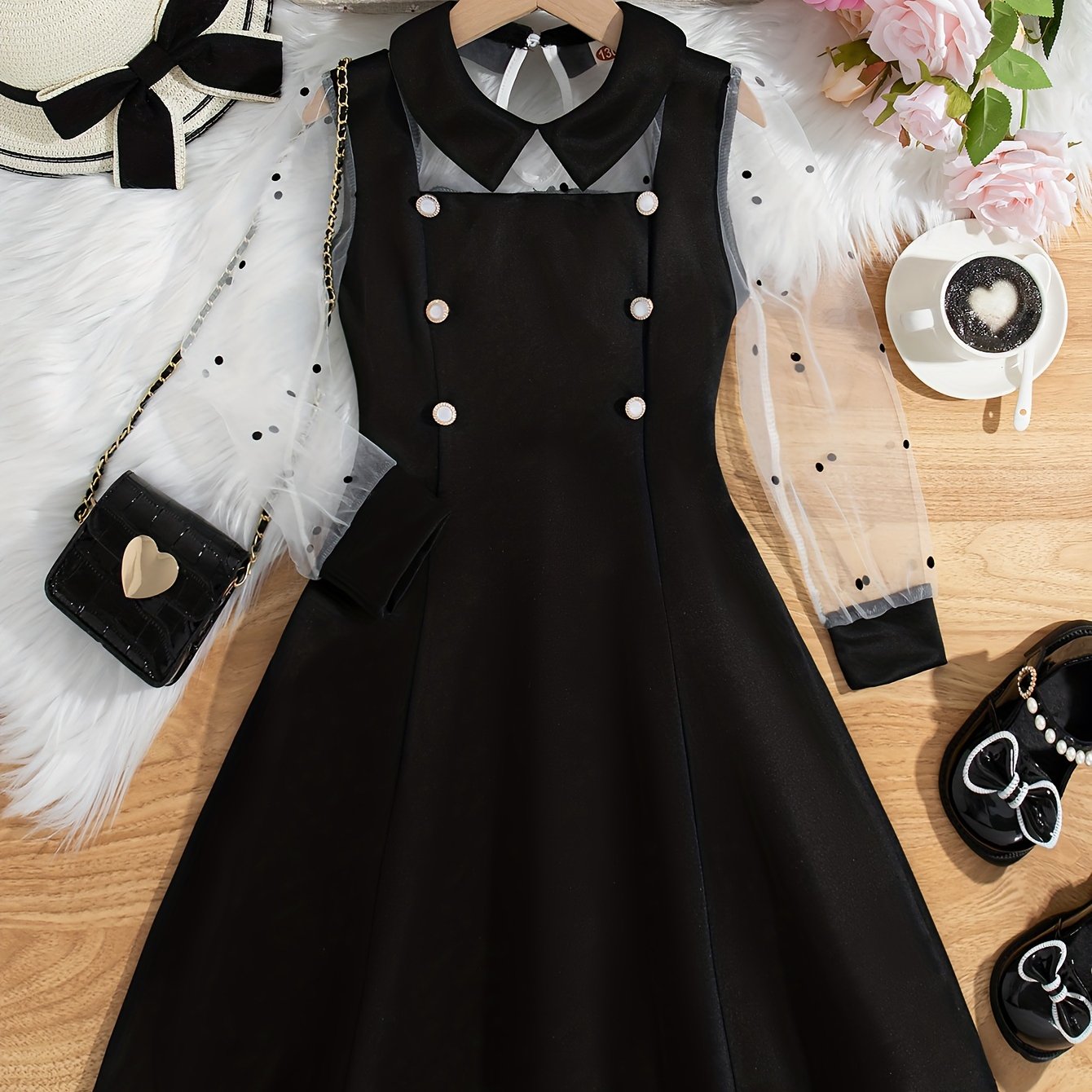 Girls Midi Dress with Mesh Overlay Long Sleeves Solid Color Summer Fashion Fake Buttons