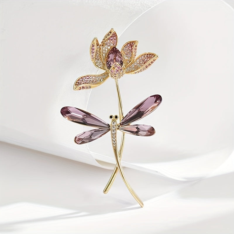 Glass Dragonfly and Flower Brooch Pin for Women Rhinestone Jewelry Stylish Accessory