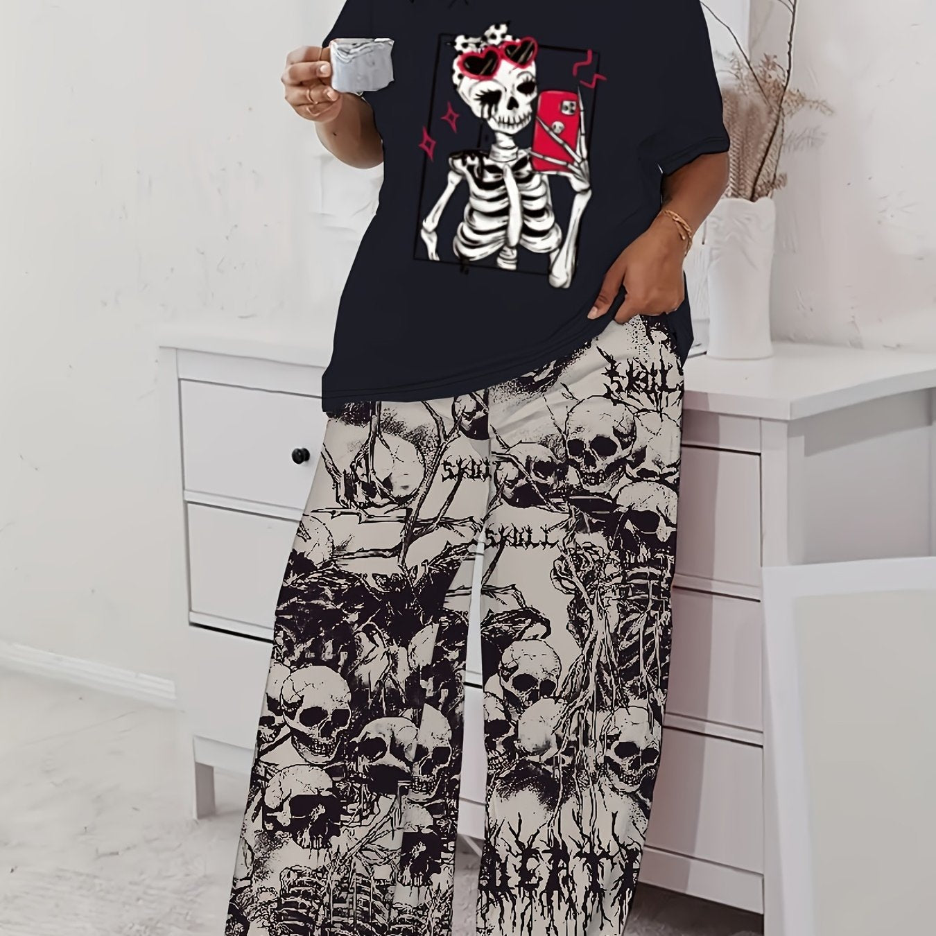 Women's Pajama Set Loose Short Sleeves Gothic Skull Print Nightwear